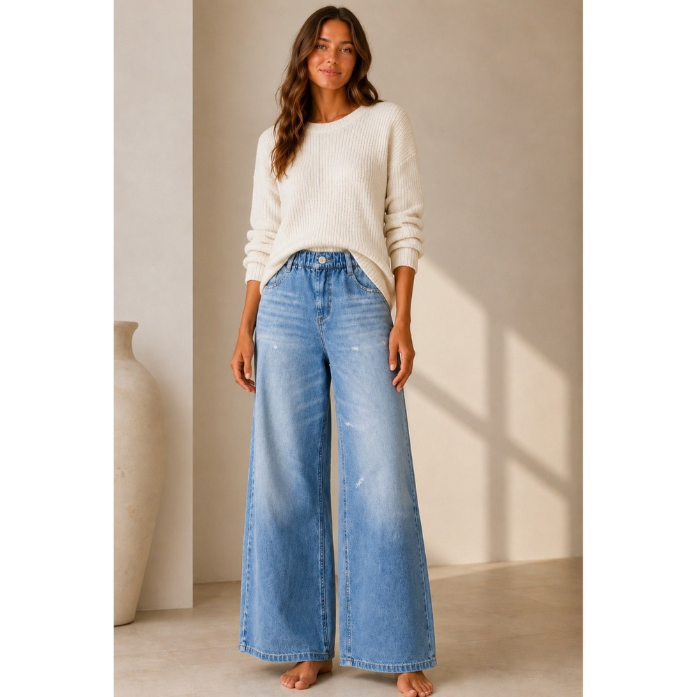 NWT Halara Flex Denim Wide Leg Jeans Light Wash Elastic Waist Distressed Large